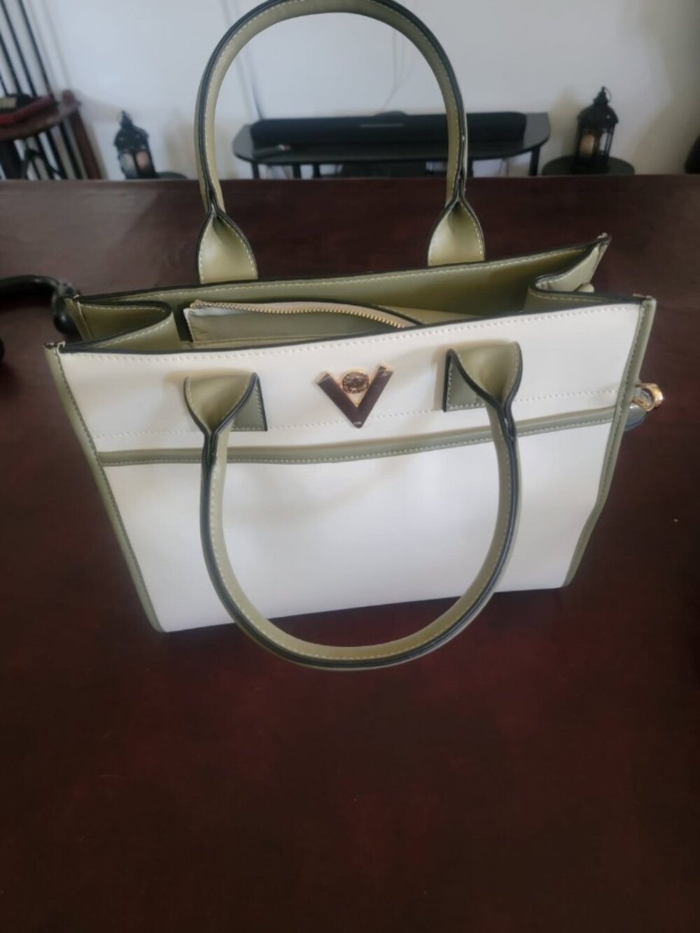 VALENTINO ORLANDI CREAM AND OLIVE TOTE BAG w/CROSSBODY STRAP